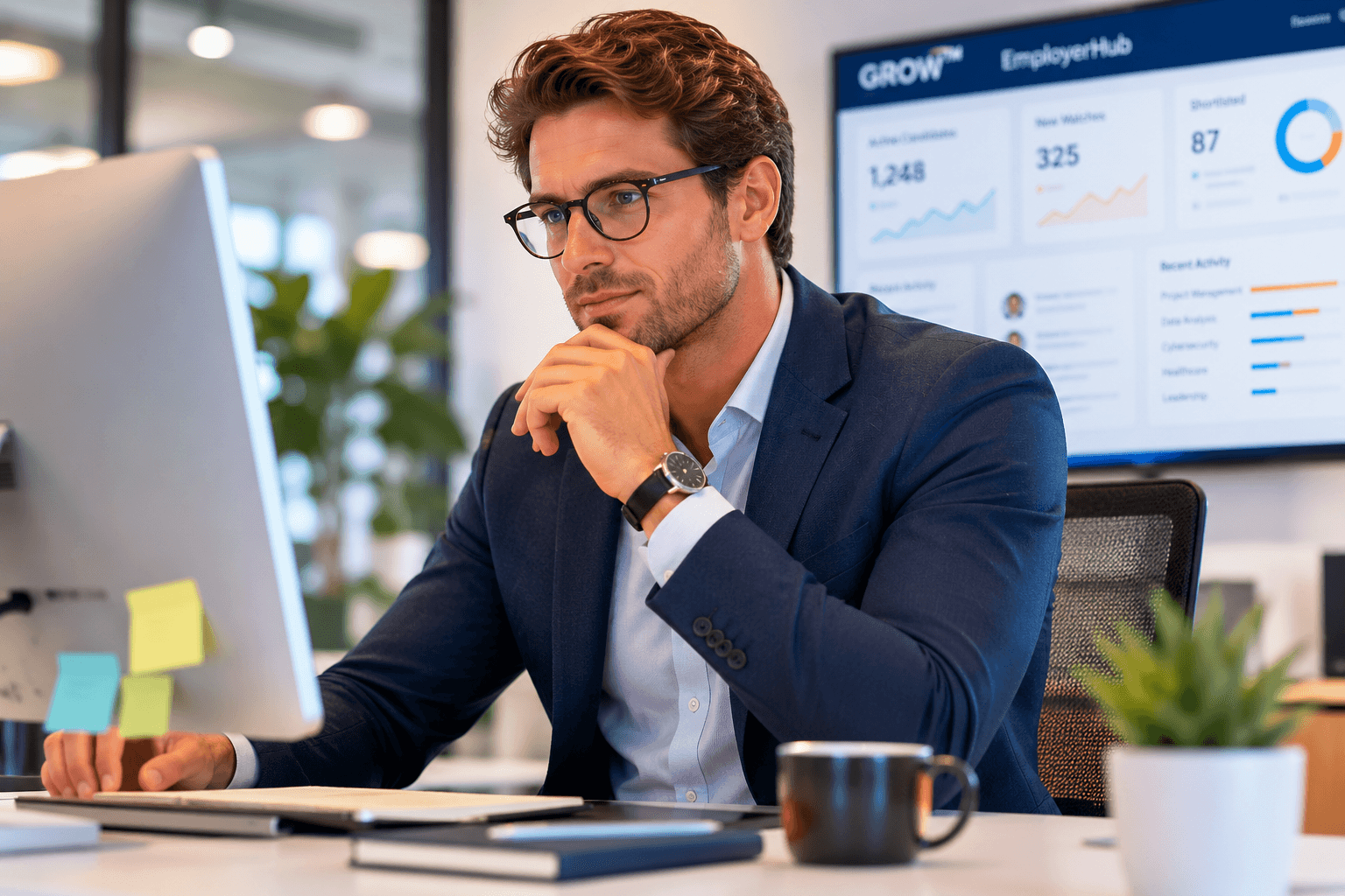 A professional using the GROW™ EmployerHub workspace to find talent and opportunity
